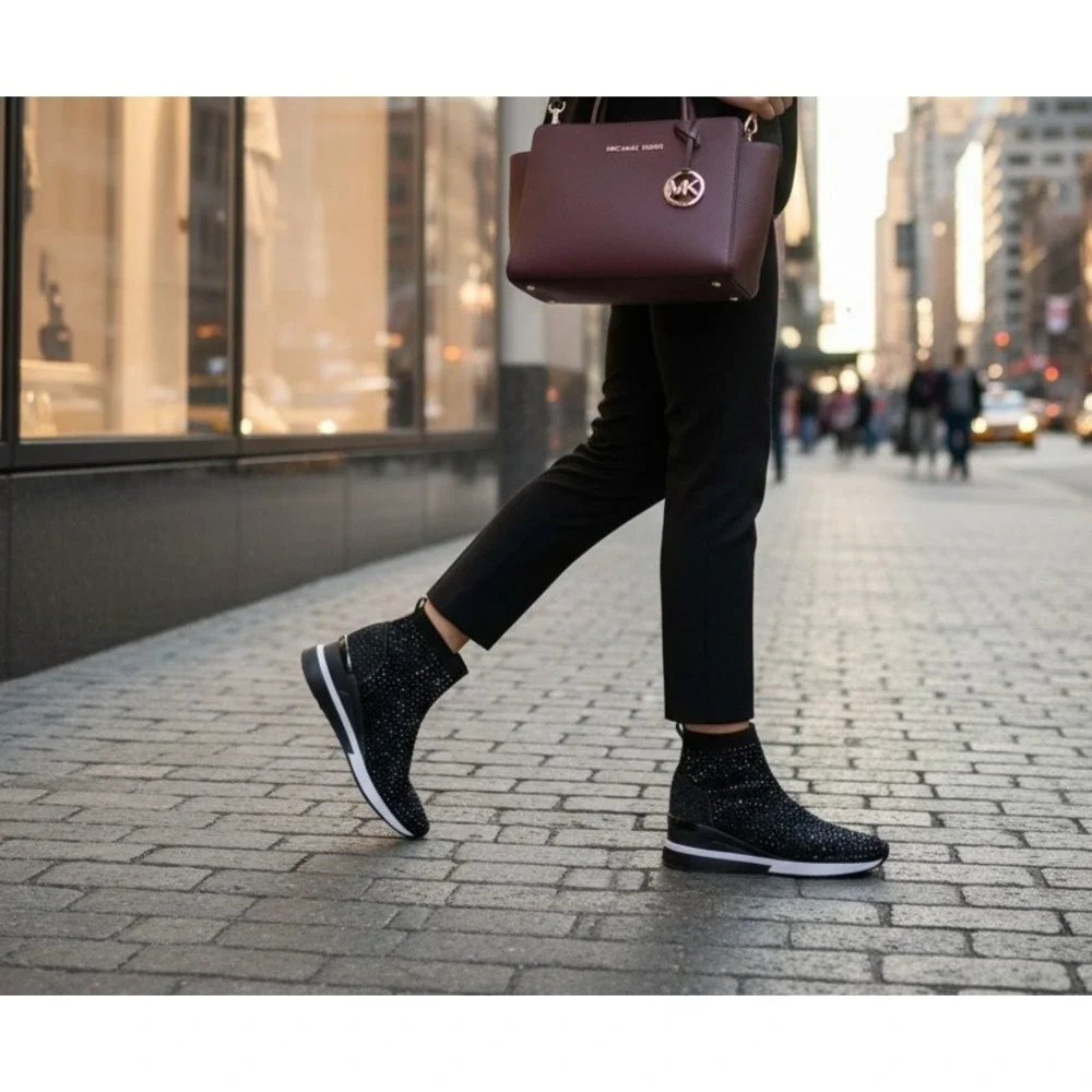 Michael Kors Black Skyler Stretch-Knit‎ Bootie Sock Crystal Embellishments -8.5M